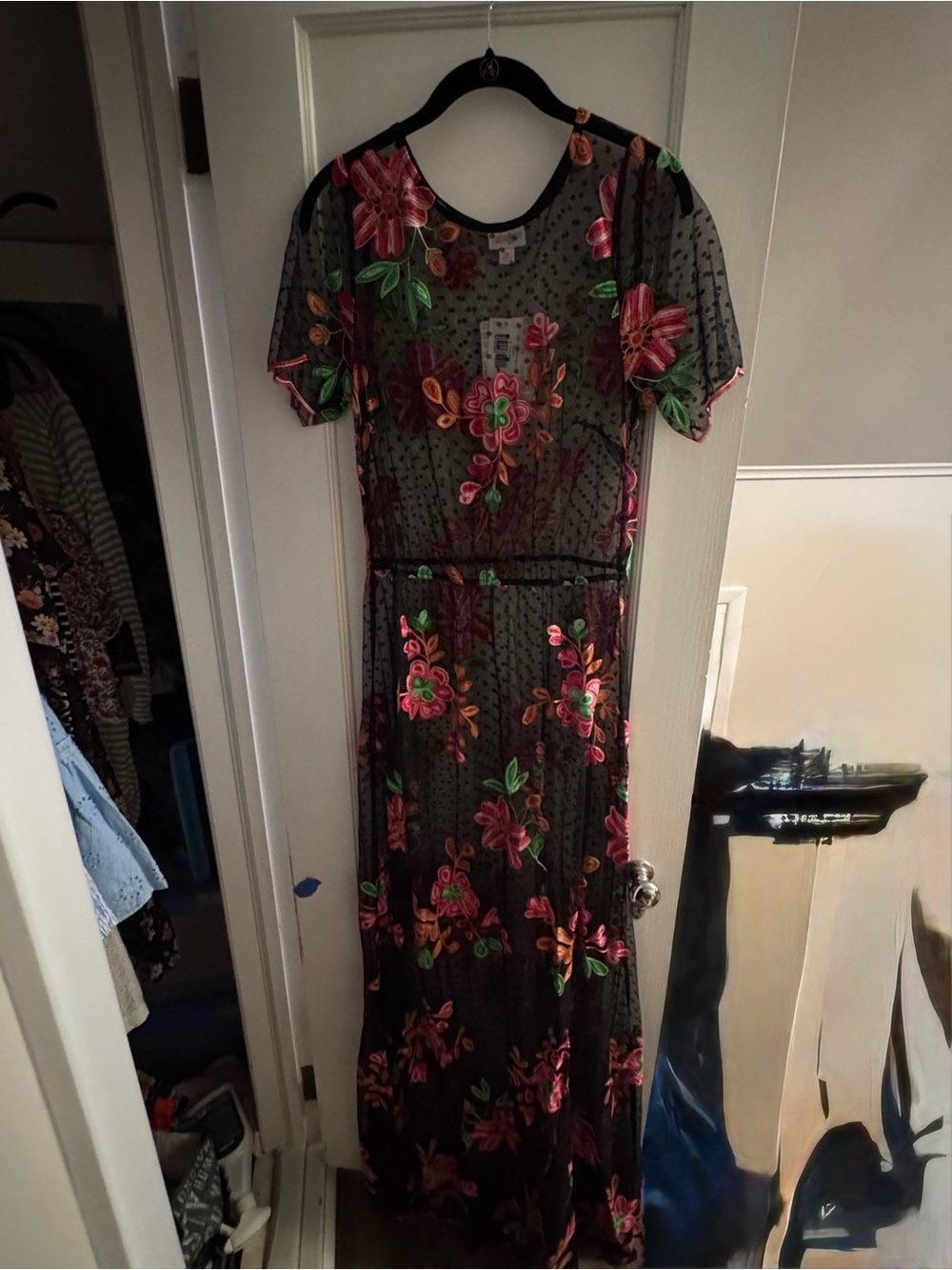 LuLaRoe Deann II Black Mesh Overlay Maxi Dress with floral Embroidery